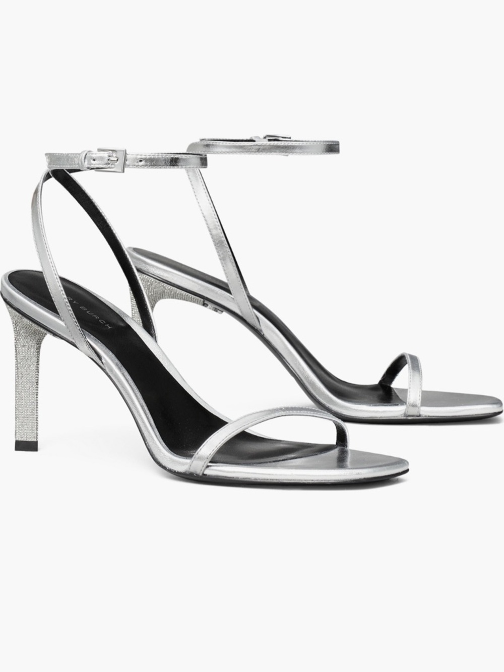 Tory Burch Metallic Silver Strappy High Heel Sandals with Ankle Strap Pave Heel